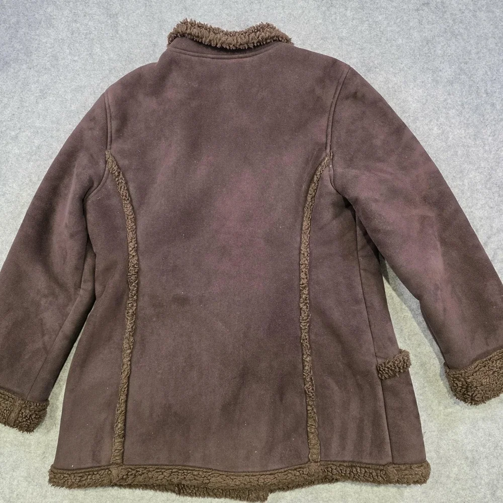 LL Bean Coat Womens Medium Pet Brown Faux Fur‎ Lined Fleece Sherpa Button Front